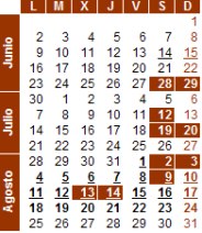 Calendario Verano 2008. Busca dias subrrayados o destacados