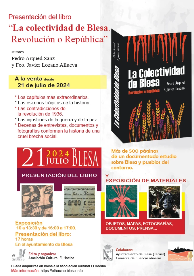 Nuevo libro: 'La colectividad de Blesa' sobre la guerra civil en la zona. 21 de julio de 2024 con exposición