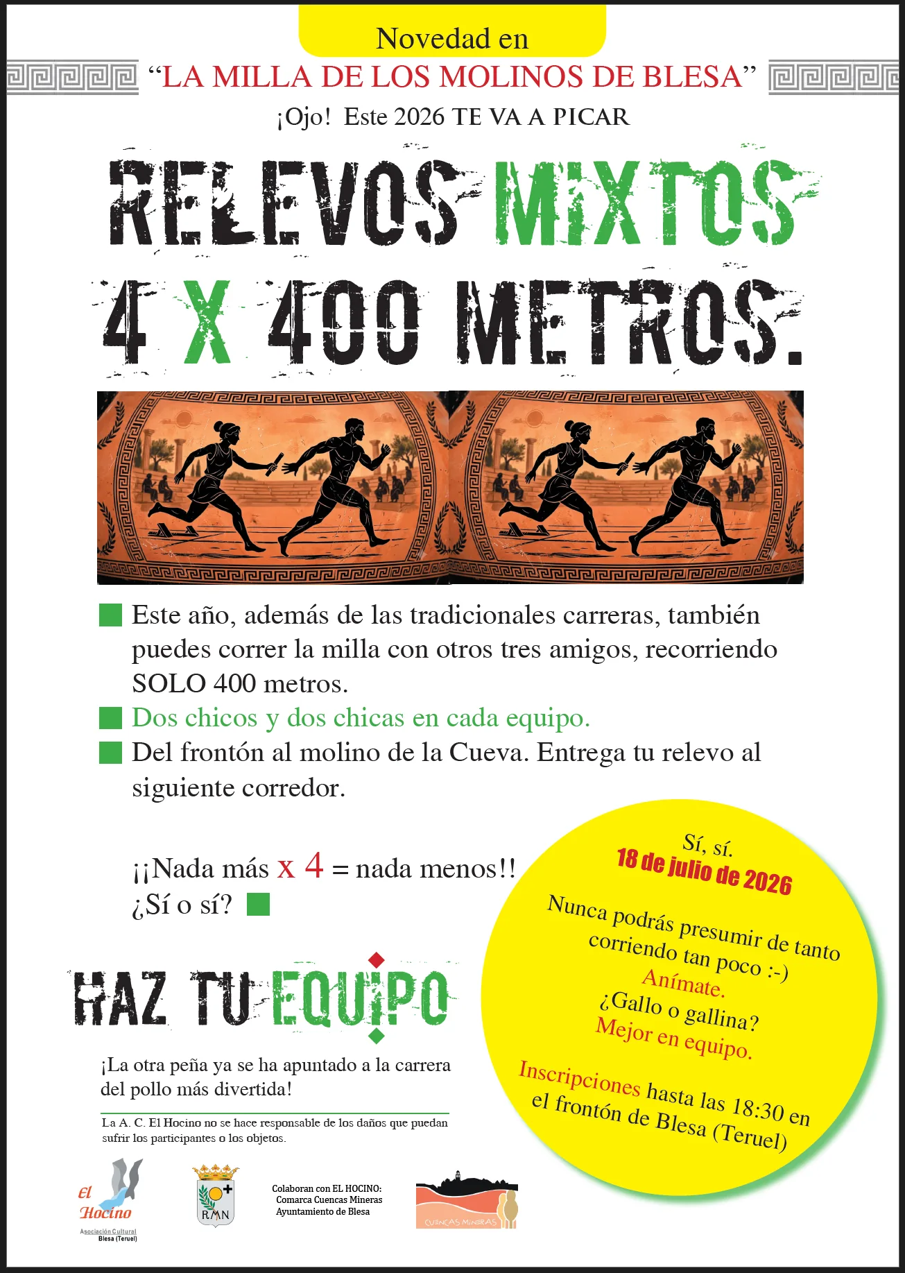 Milla de los molinos de Blesa 2026. Novedad: carrera de relevos 4x400 m mixtos.